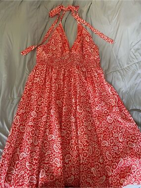 Cupshe Red White Paisley Floral Smocked Halter Swim Coverup Dress